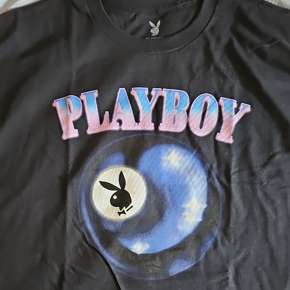 Playboy Black Tee with Pink and Blue Design